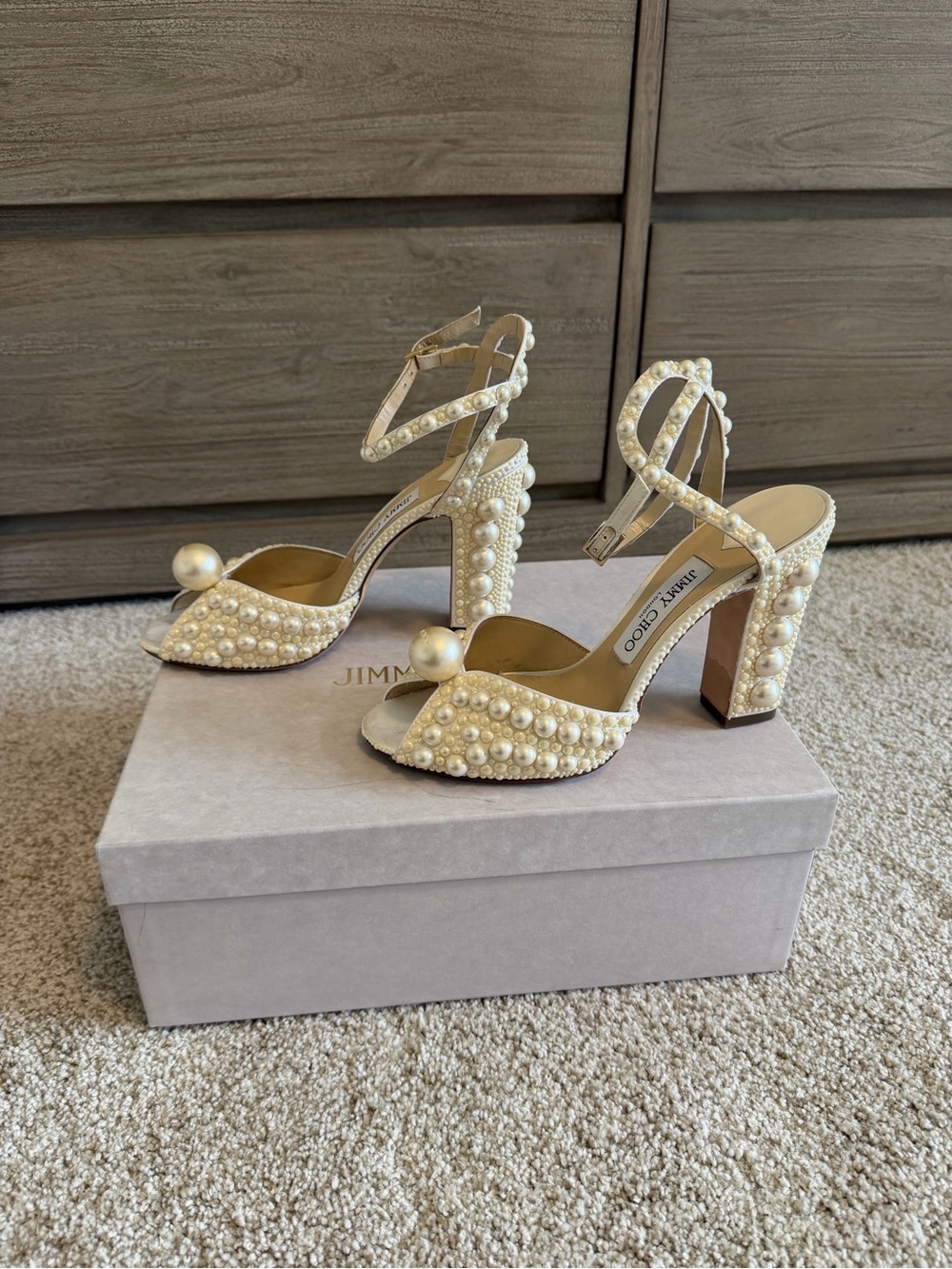 Jimmy Choo Pearl-Embellished Cream Block Heel Sandals - Picture 7 of 13